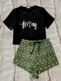 Graphic Tee and Panda Print Shorts Lounge Set - Trendsi - Flyclothing LLC