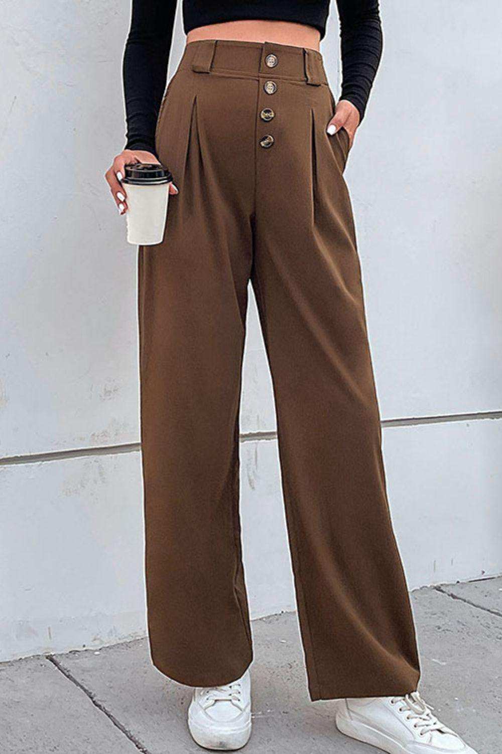 Button-Fly Pleated Waist Wide Leg Pants with Pockets - Trendsi - Flyclothing LLC