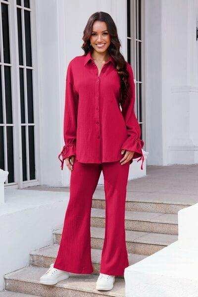 Drawstring Flounce Sleeve Shirt and Pants Set - Trendsi - Flyclothing LLC