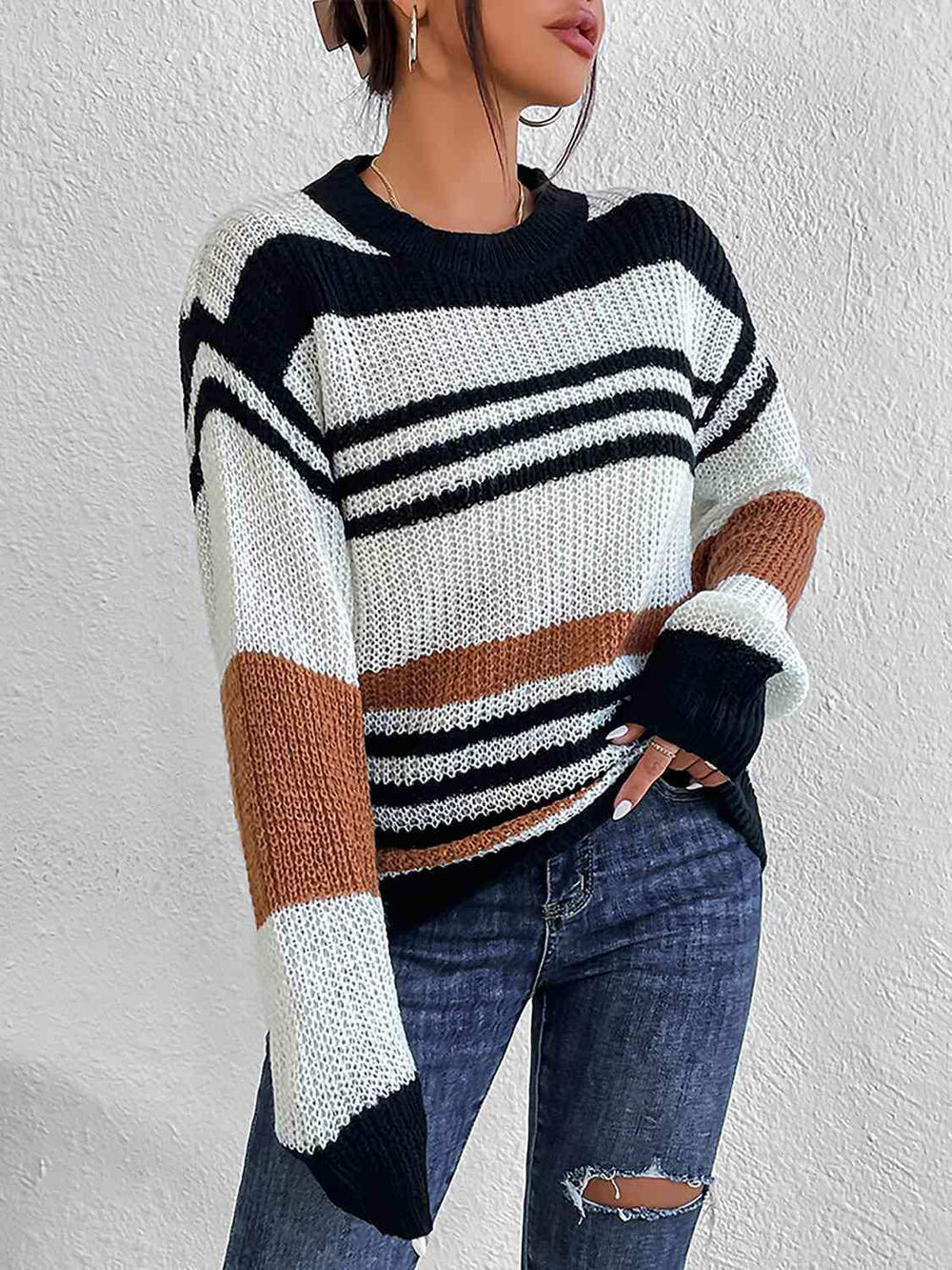 Striped Round Neck Sweater - Trendsi - Flyclothing LLC