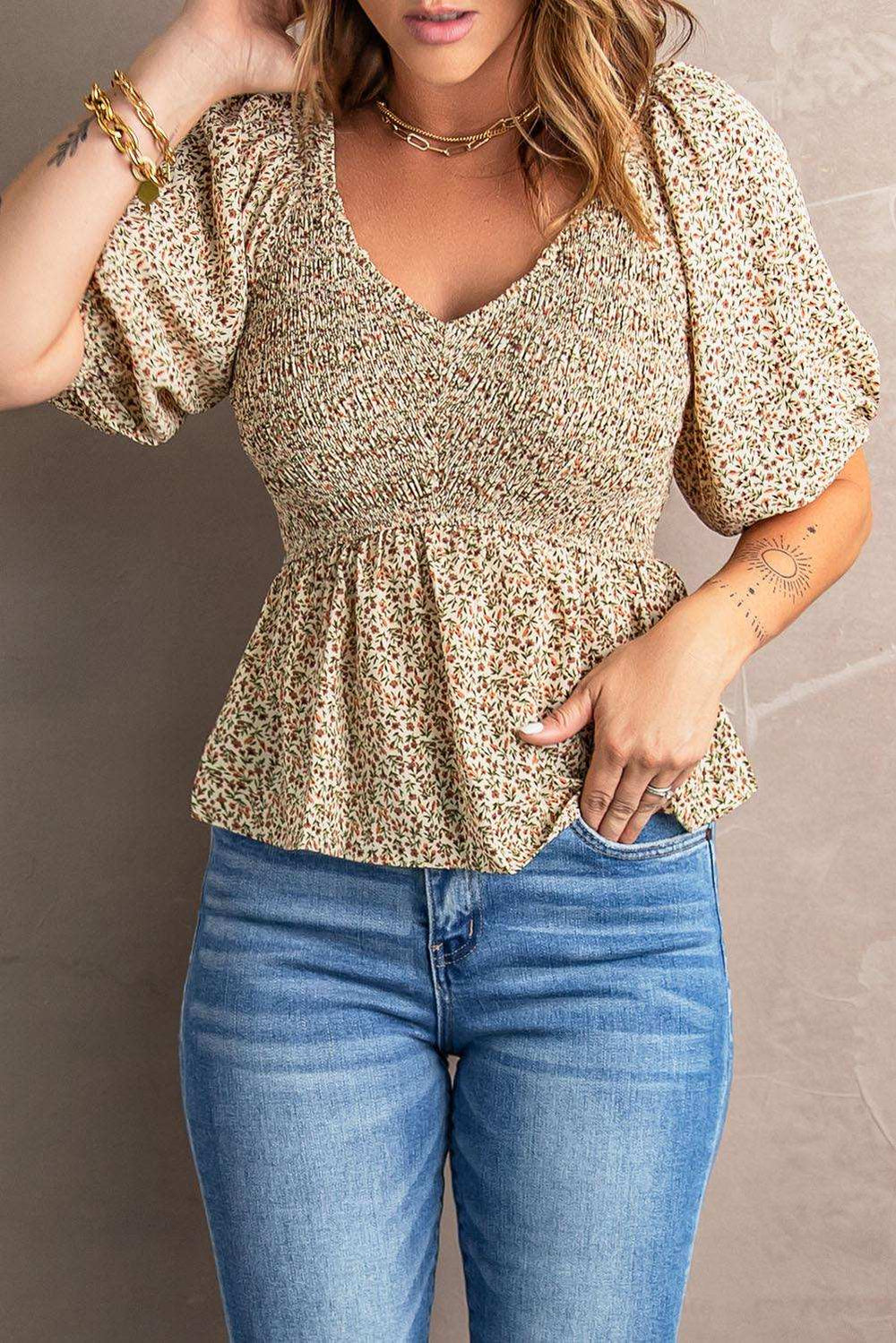 Smocked Balloon Sleeve Peplum Blouse - Trendsi - Flyclothing LLC