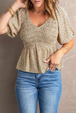 Smocked Balloon Sleeve Peplum Blouse - Trendsi - Flyclothing LLC