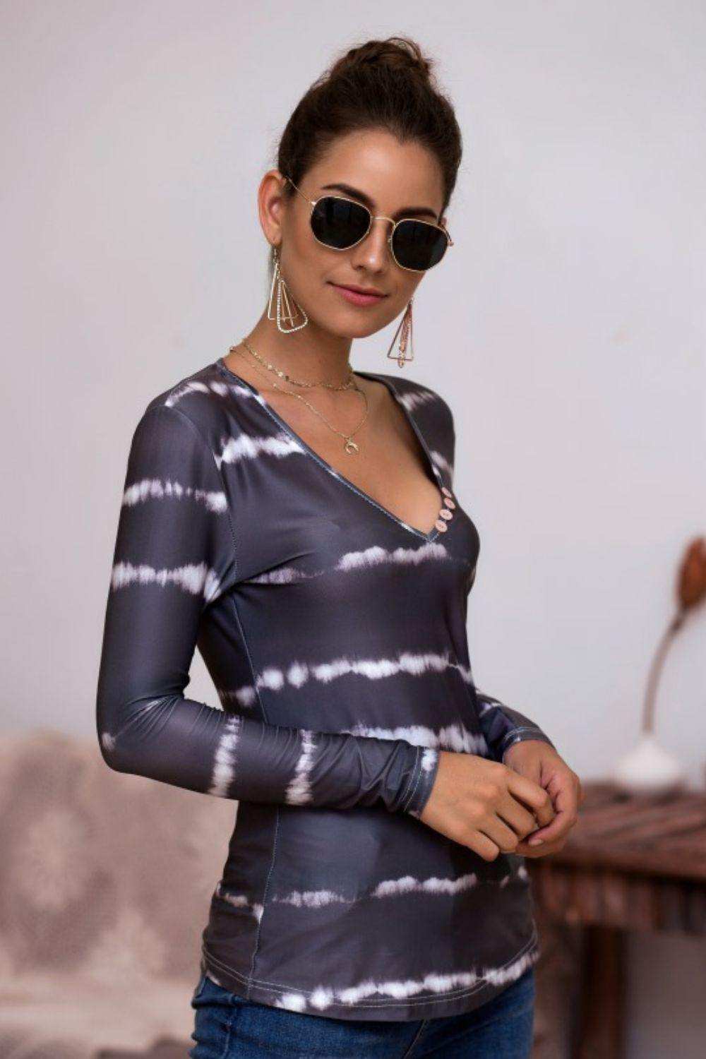 Tie-Dye Plunge Long Sleeve Top - Trendsi - Flyclothing LLC