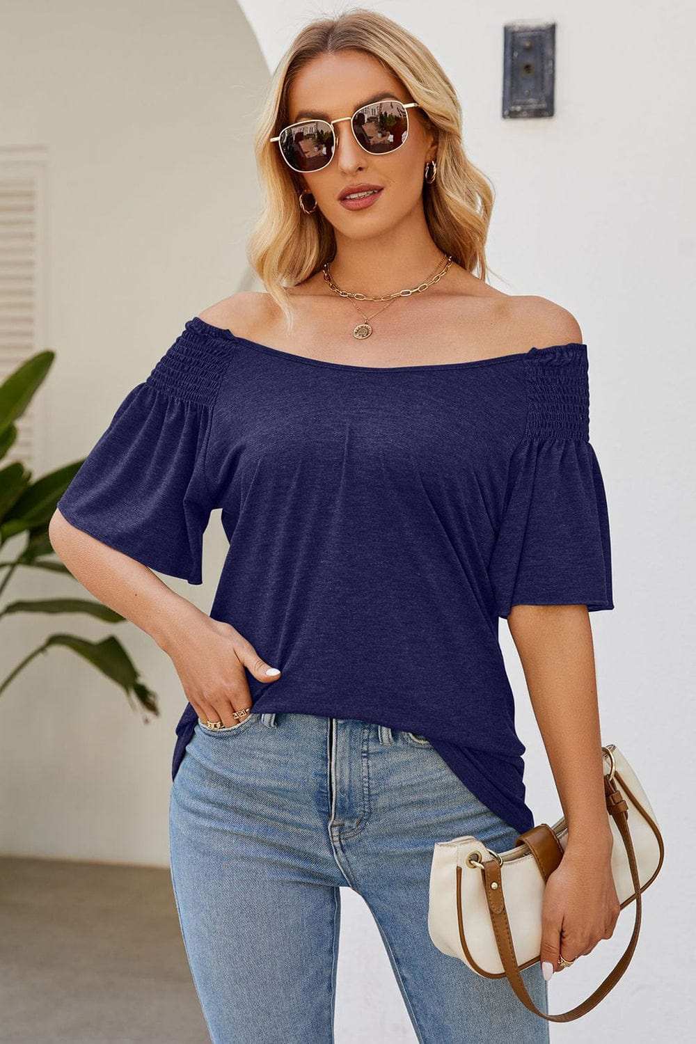 Smocked Round Neck Flutter Sleeve T-Shirt - Trendsi - Flyclothing LLC