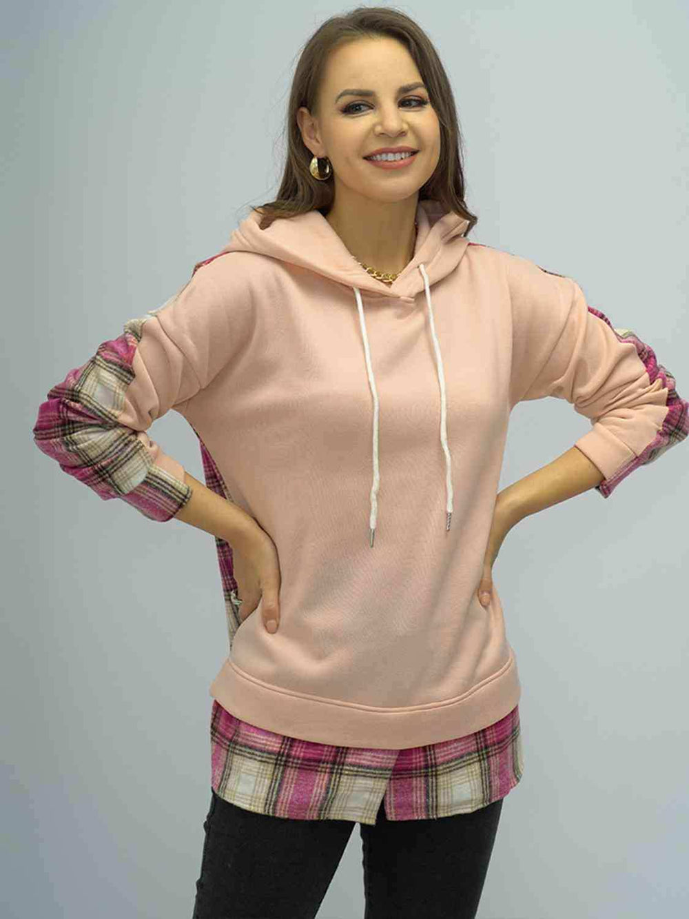 Plaid Drawstring Drop Shoulder Slit Hoodie - Trendsi - Flyclothing LLC