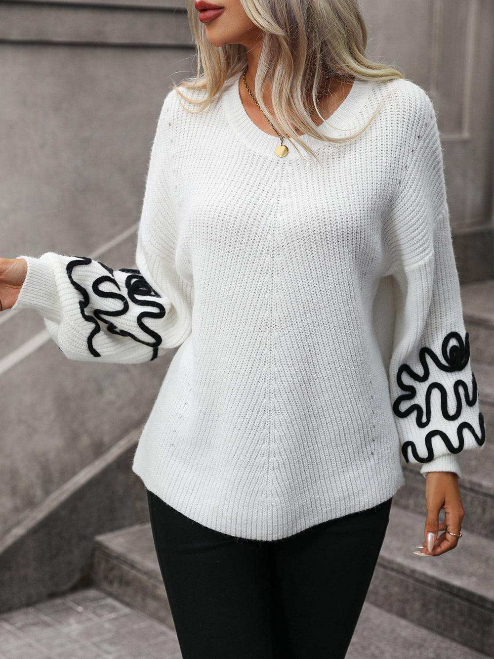 Contrast Drop Shoulder Round Neck Sweater - Trendsi - Flyclothing LLC