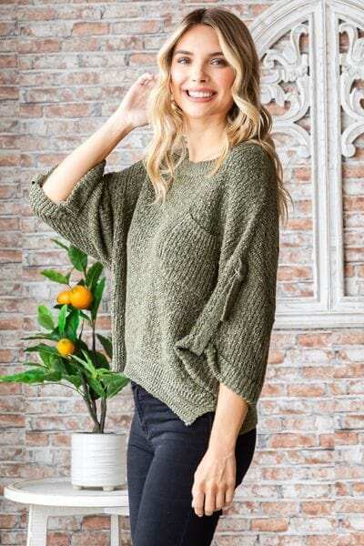 Veveret Round Neck Roll-Up Sweater - Trendsi - Flyclothing LLC
