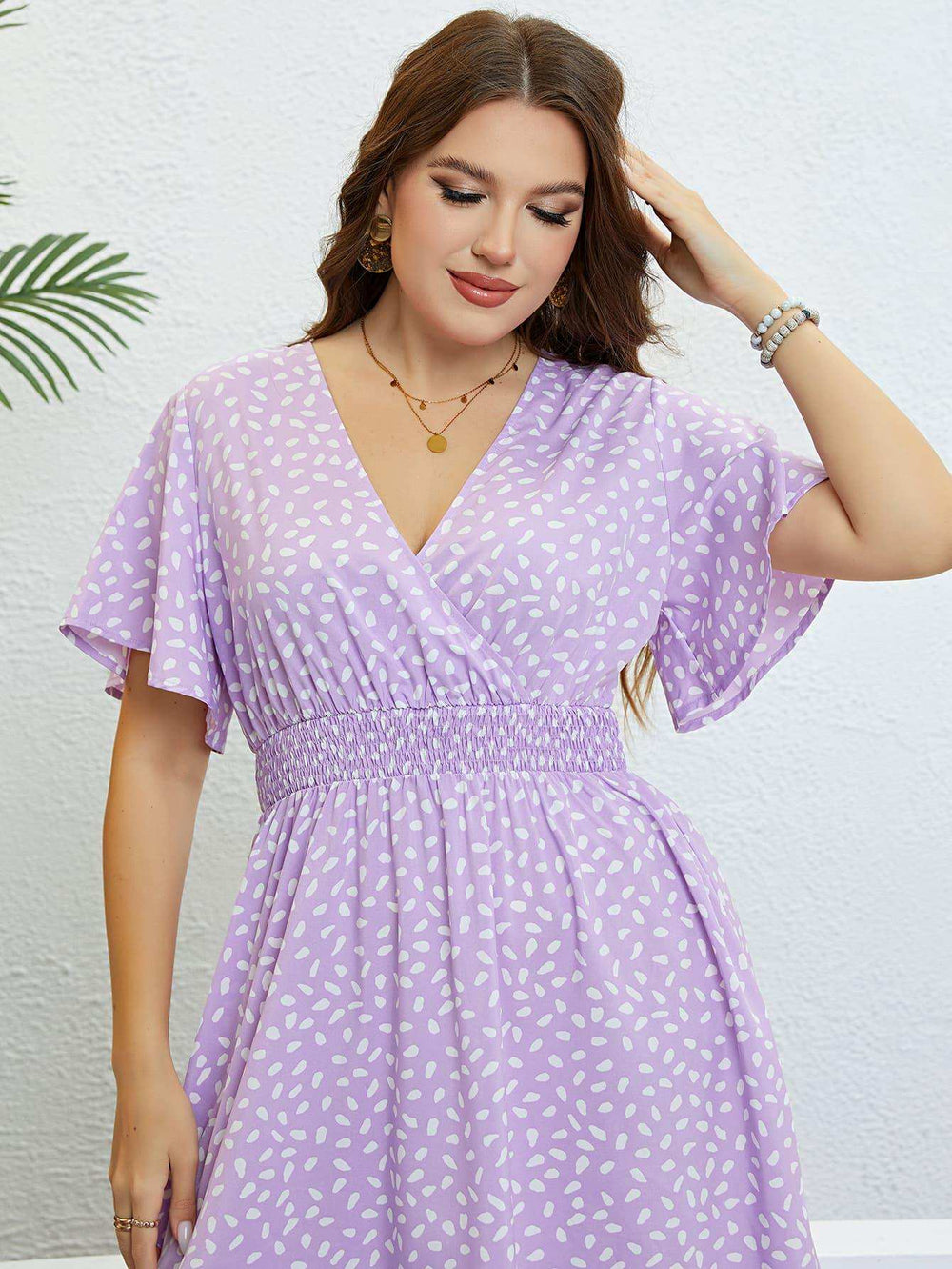 Plus Size Printed Smocked Waist Surplice Dress - Trendsi - Flyclothing LLC