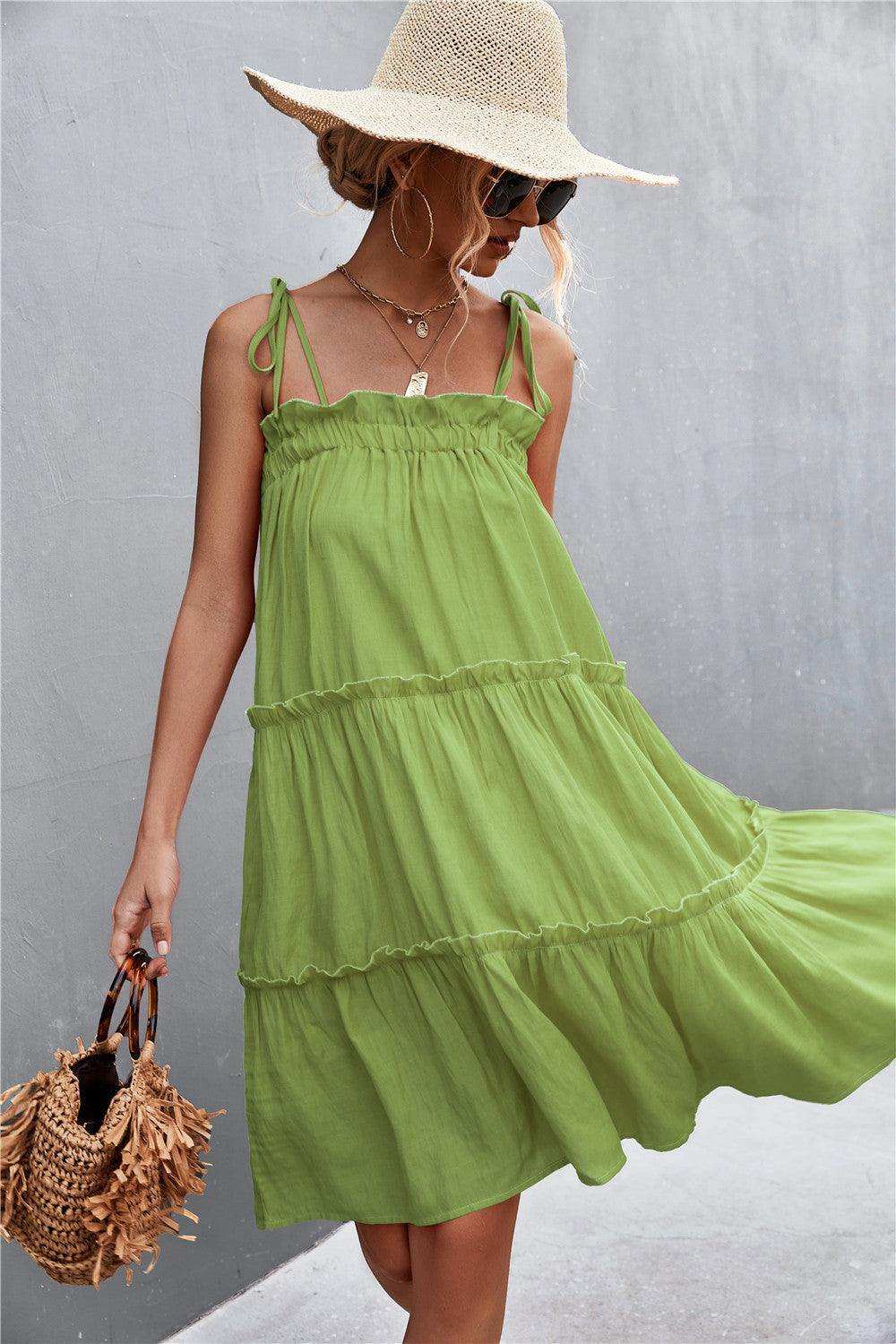 Tie-Shoulder Frill Trim Sleeveless Dress - Trendsi - Flyclothing LLC