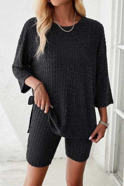 Ribbed Round Neck Top and Shorts Set - Trendsi - Flyclothing LLC