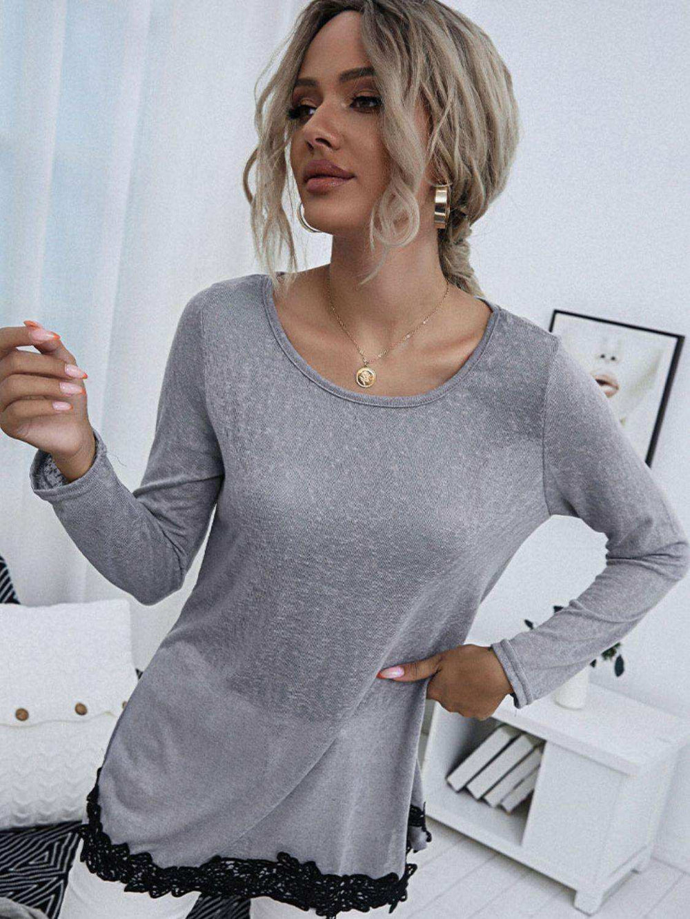 Spliced Lace Contrast Round Neck Top - Trendsi - Flyclothing LLC