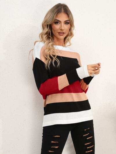 Striped Round Neck Dropped Shoulder Sweater - Trendsi - Flyclothing LLC