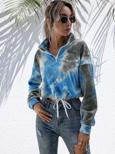 Tie-Dye Quarter Zip Dropped Shoulder Sweatshirt - Trendsi - Flyclothing LLC