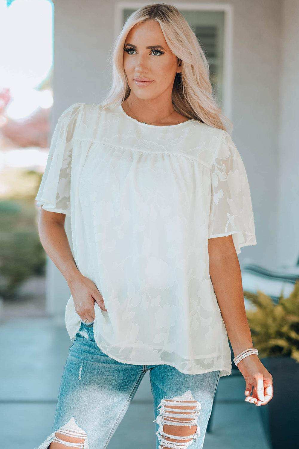 Round Neck Puff Sleeve Blouse - Trendsi - Flyclothing LLC