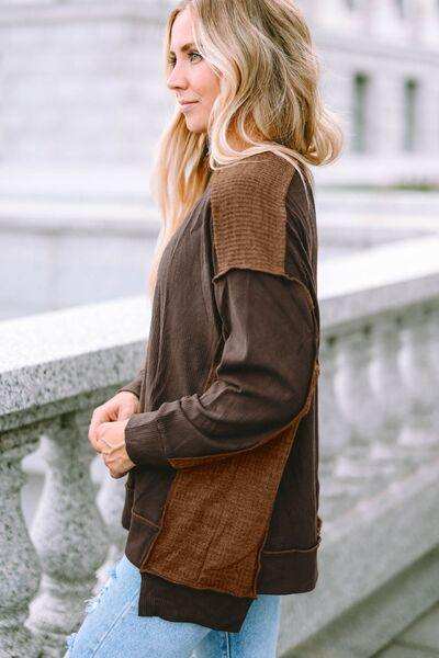 Ribbed Exposed Seam Dropped Shoulder Blouse - Trendsi - Flyclothing LLC