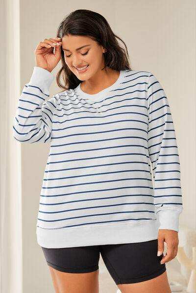 Plus Size Striped Round Neck Long Sleeve T-Shirt - Trendsi - Flyclothing LLC