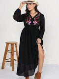 Plus Size Embroidered Tie Neck Long Sleeve Dress - Trendsi - Flyclothing LLC