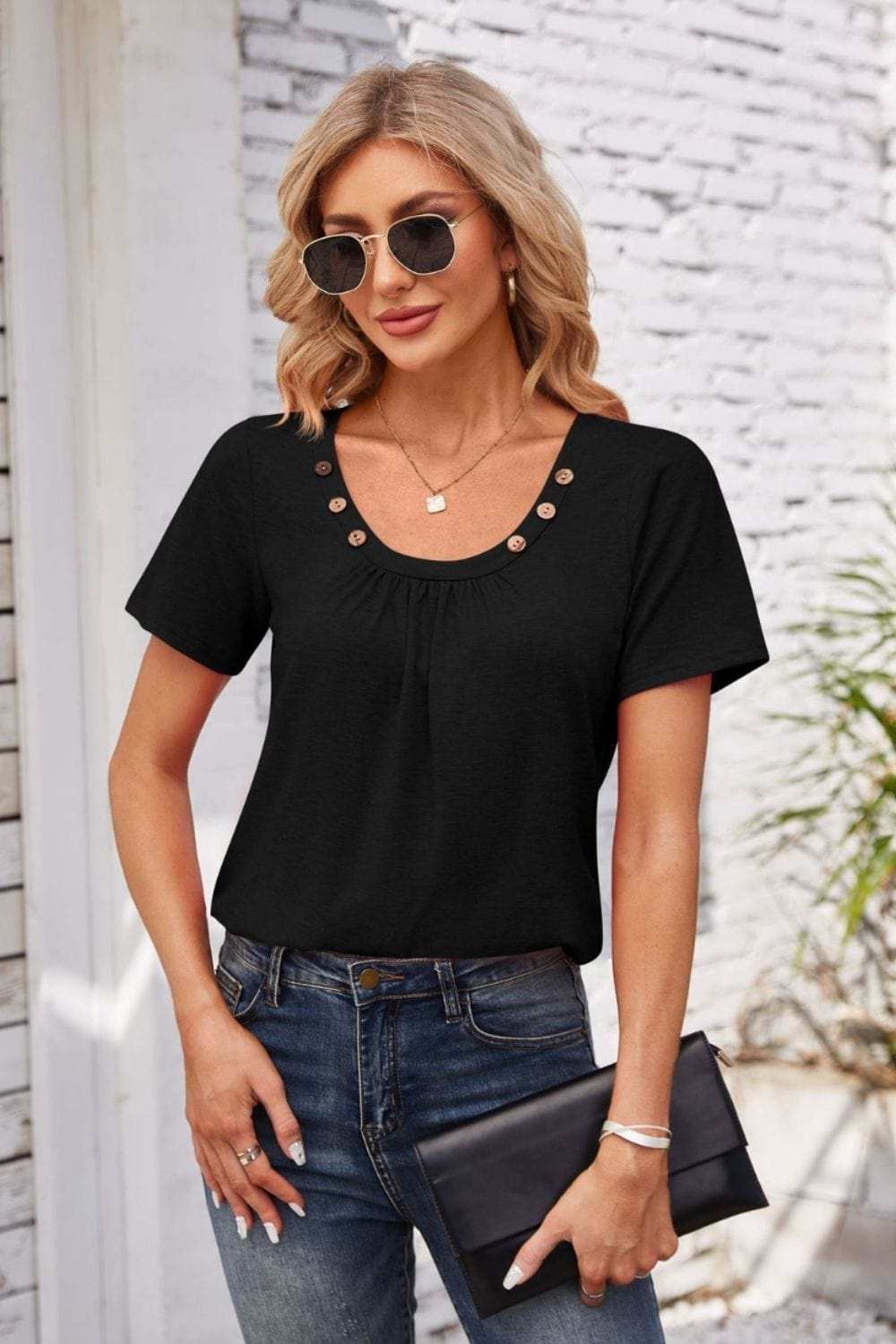 Decorative Button Scoop Neck T-Shirt - Trendsi - Flyclothing LLC