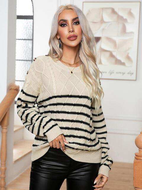 Striped Round Neck Cable-Knit Sweater - Trendsi - Flyclothing LLC