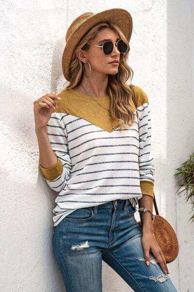 Striped Round Neck Long Sleeve T-Shirt - Trendsi - Flyclothing LLC