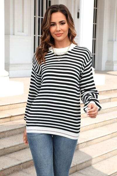 Striped Round Neck Dropped Shoulder Sweater - Trendsi - Flyclothing LLC