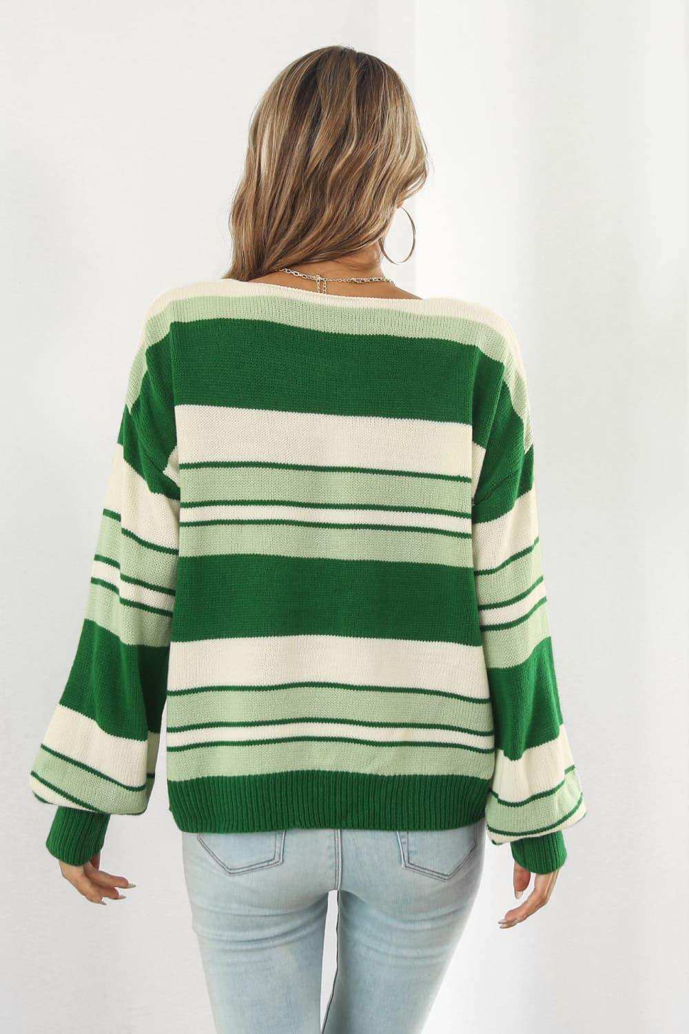 Striped V-Neck Dropped Shoulder Sweater - Trendsi - Flyclothing LLC