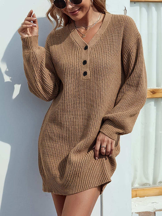 V-Neck Dropped Shoulder Mini Sweater Dress - Trendsi - Flyclothing LLC