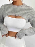 Distressed Long Sleeve Cropped Sweater - Trendsi - Flyclothing LLC
