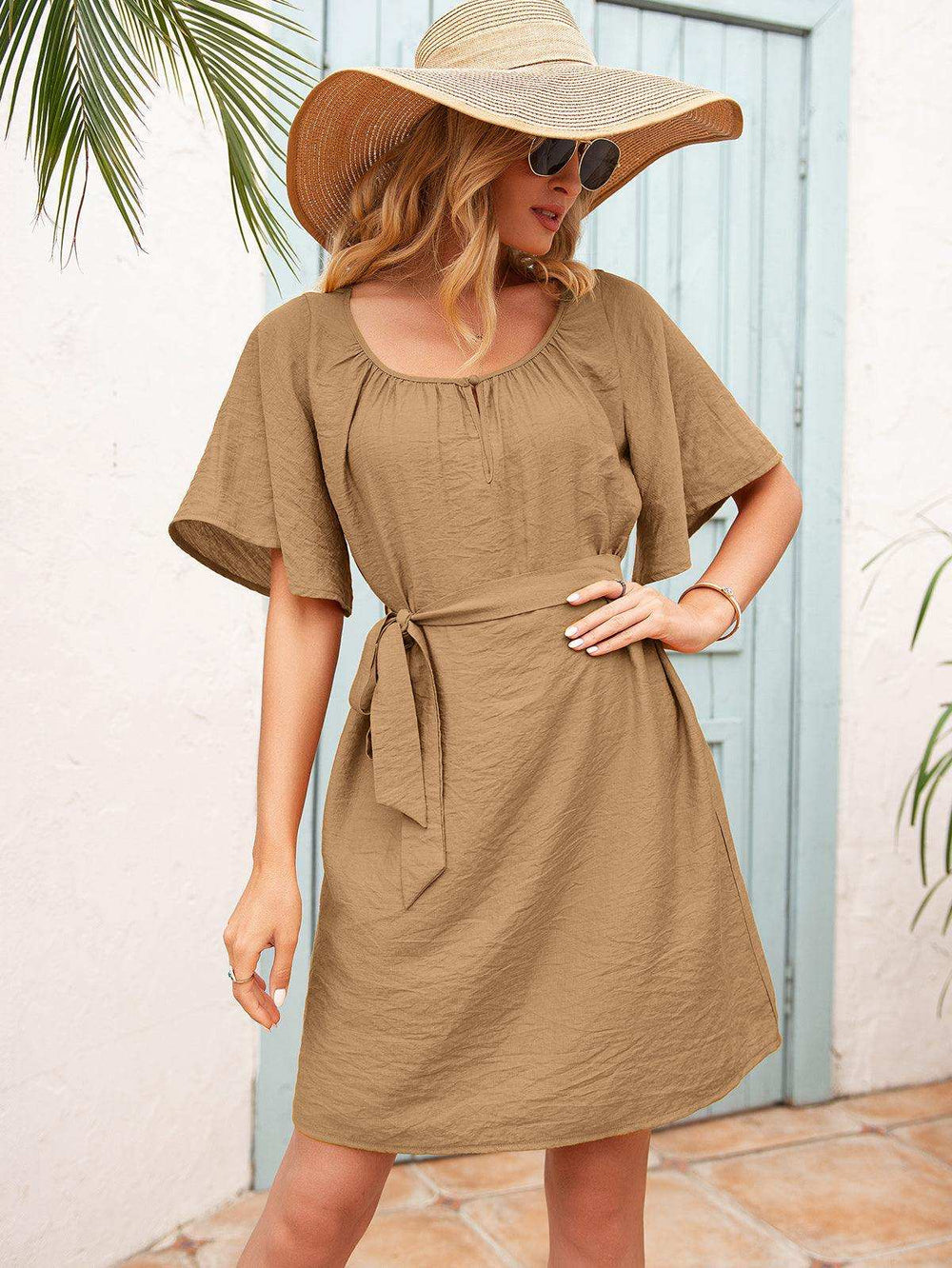 Tie Waist Flutter Sleeve Mini Dress - Trendsi - Flyclothing LLC