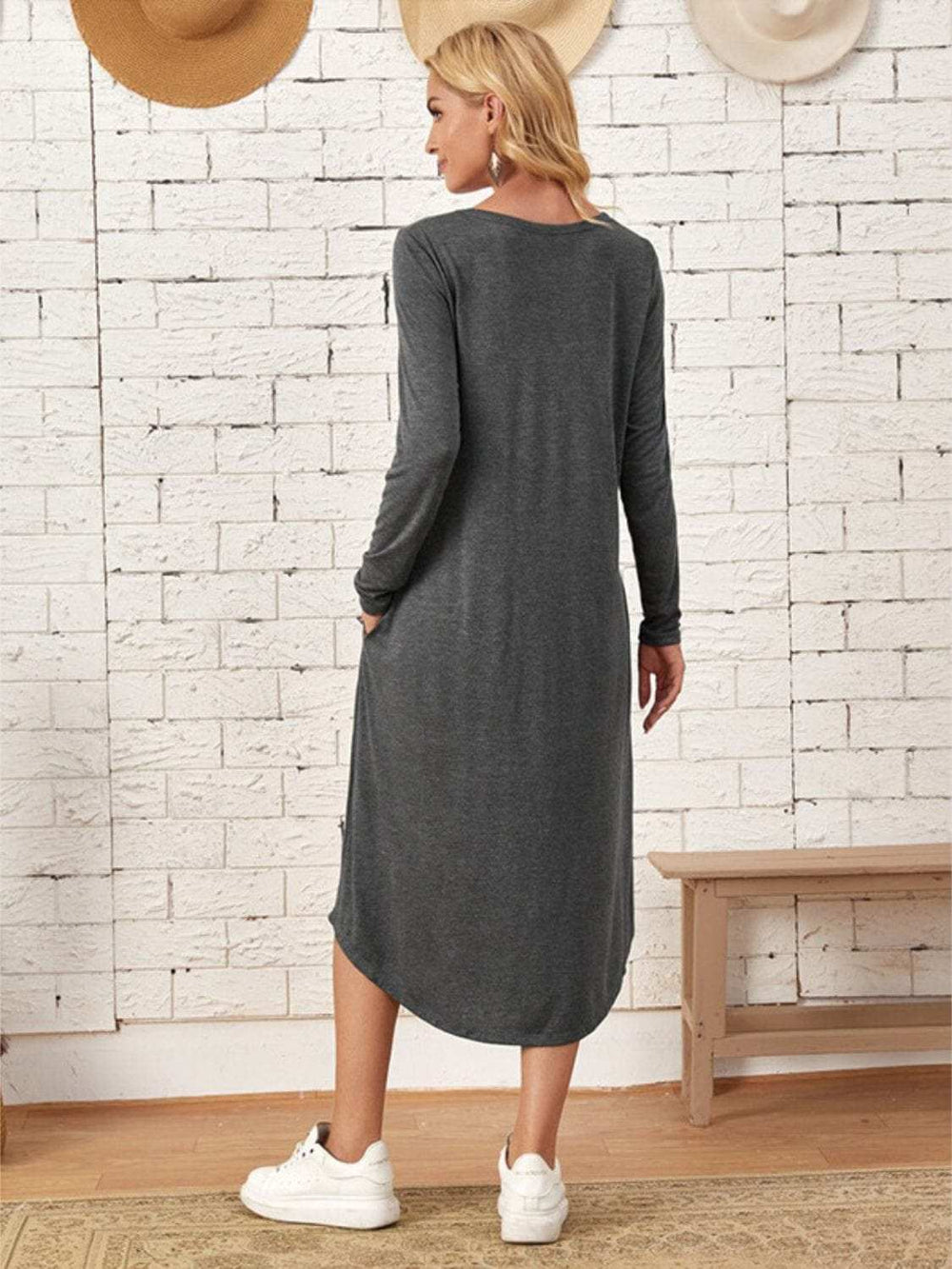 Pocketed Round Neck Long Sleeve Tee Dress - Trendsi - Flyclothing LLC