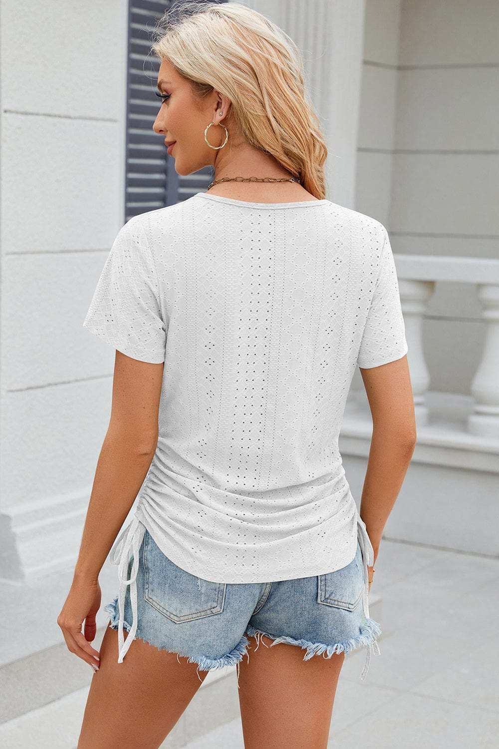 Eyelet Round Neck Short Sleeve T-Shirt - Trendsi - Flyclothing LLC