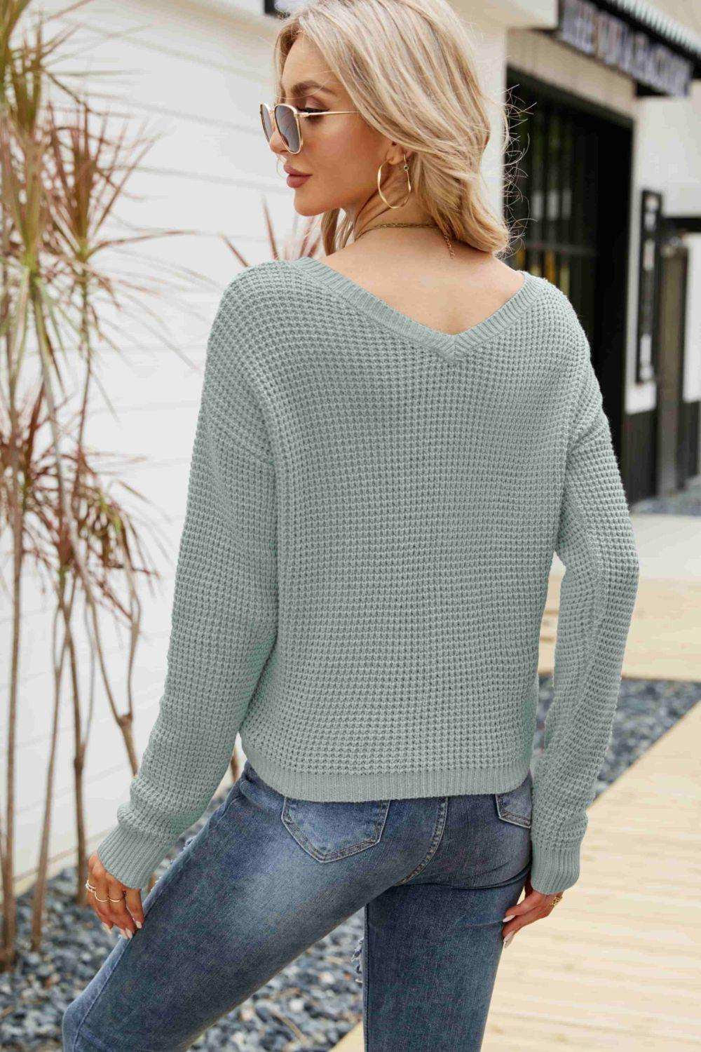 Waffle-Knit Drawstring Detail V-Neck Sweater - Trendsi - Flyclothing LLC