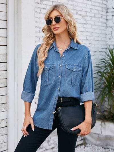 Button Up Collared Neck Denim Jacket - Trendsi - Flyclothing LLC