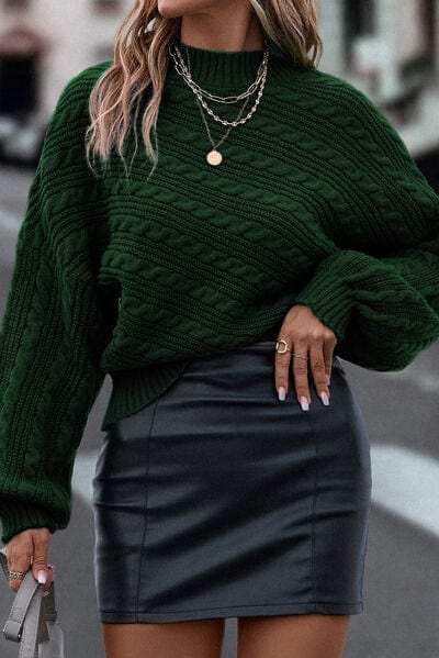 Cable-Knit Mock Neck Dropped Shoulder Sweater - Trendsi - Flyclothing LLC