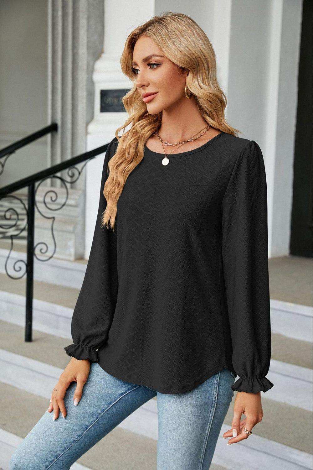 Round Neck Flounce Sleeve Blouse - Trendsi - Flyclothing LLC
