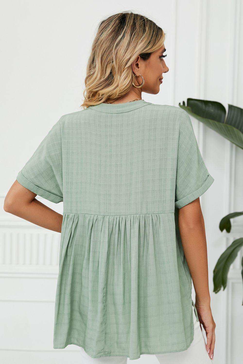 Side Slit Notched Neck Cuffed Short Sleeve Blouse - Trendsi - Flyclothing LLC