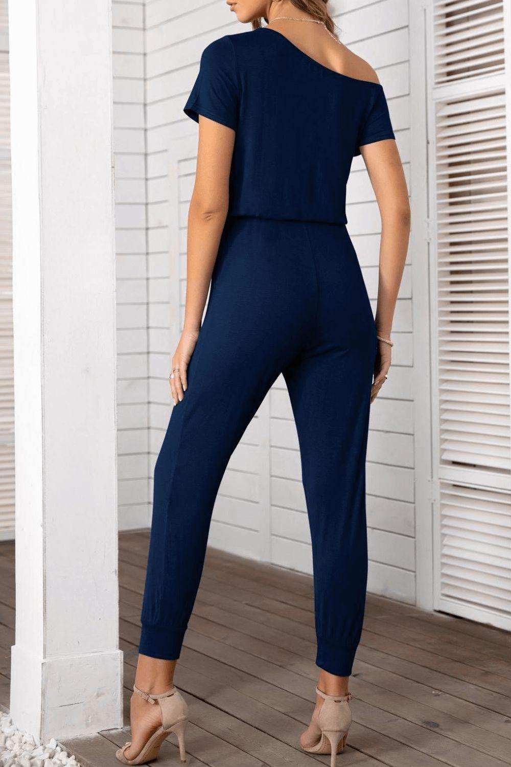 Asymmetrical Neck Short Sleeve Jumpsuit - Trendsi - Flyclothing LLC