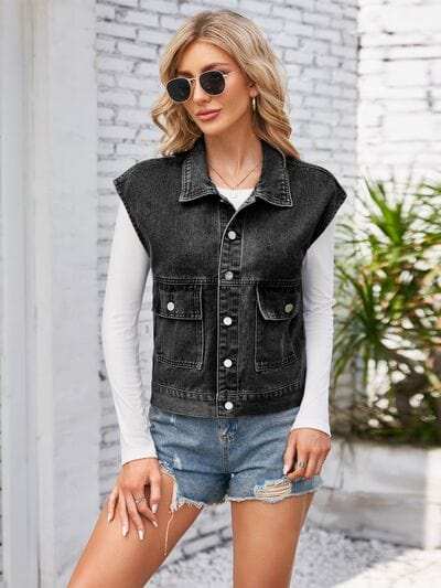 Cap Sleeve Denim Jacket with Pockets - Trendsi - Flyclothing LLC