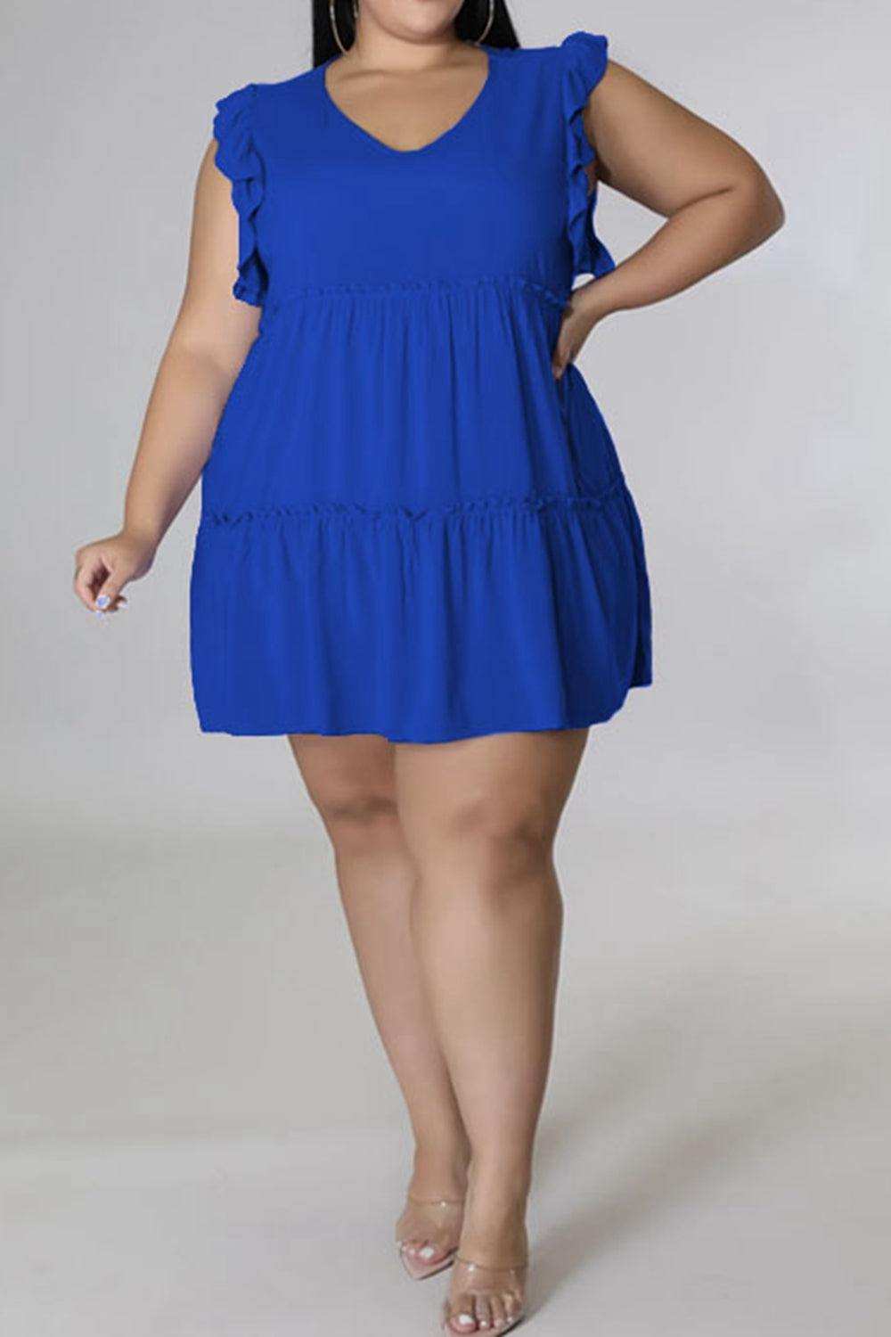 Plus Size V-Neck Frill Trim Mini Dress - Trendsi - Flyclothing LLC