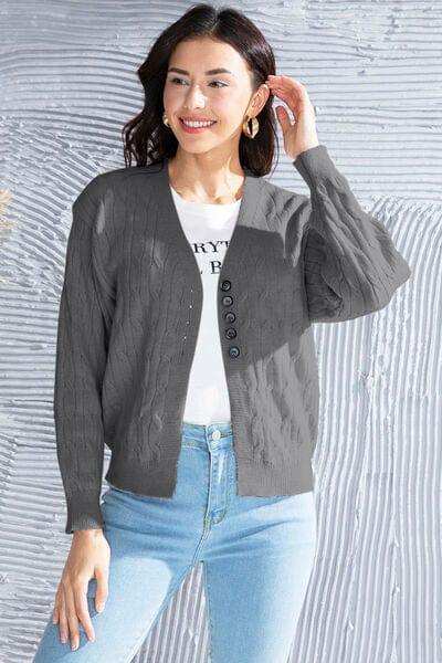 Cable-Knit Button Up Dropped Shoulder Cardigan - Trendsi - Flyclothing LLC