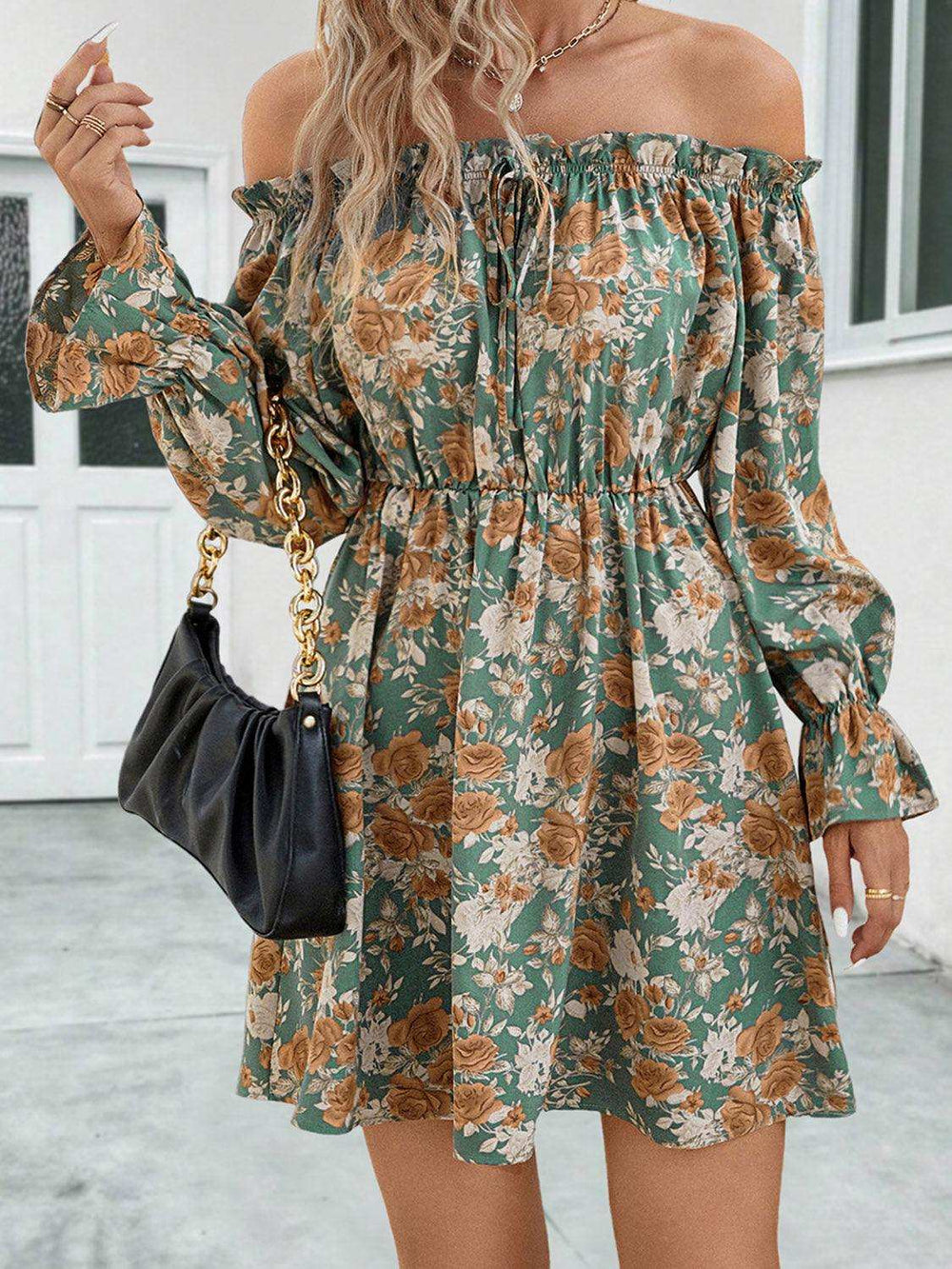 Floral Off-Shoulder Flounce Sleeve Dress - Trendsi - Flyclothing LLC