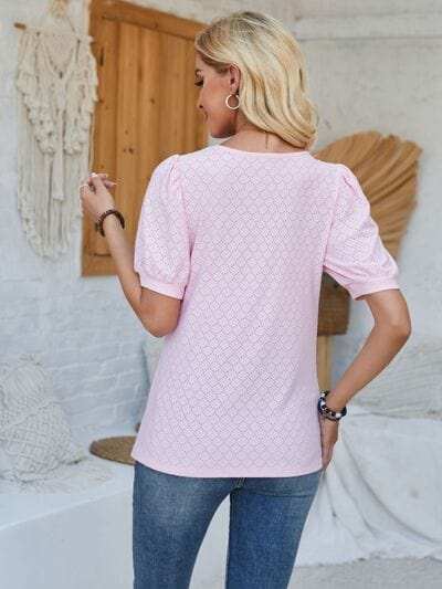Eyelet Asymmetrical Neck Short Sleeve T-Shirt - Trendsi - Flyclothing LLC