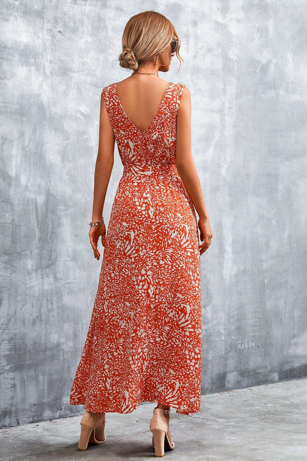 Printed V-Neck Tie Waist Maxi Dress - Trendsi - Flyclothing LLC