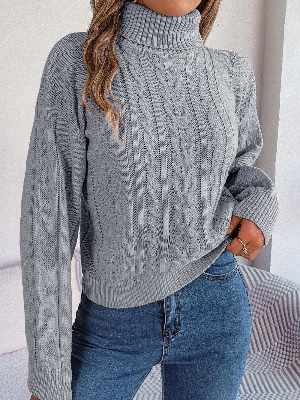 Cable-Knit Turtleneck Sweater - Trendsi - Flyclothing LLC