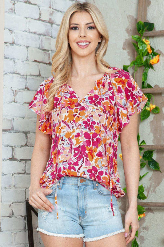 Floral Tie Neck Flutter Sleeve Blouse - Trendsi - Flyclothing LLC