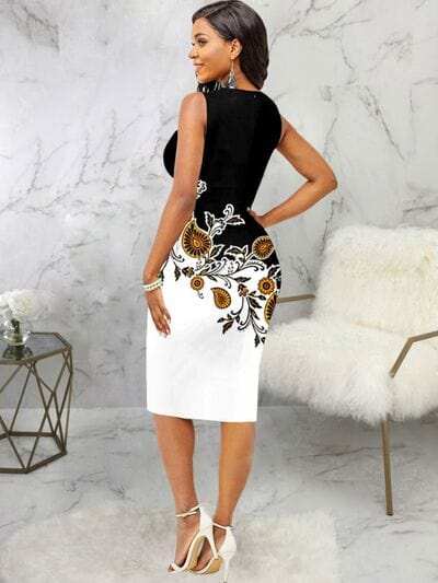 Printed Notched Sleeveless Wrap Dress - Trendsi - Flyclothing LLC
