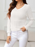 V-Neck Long Sleeve Eyelet Knit Top - Trendsi - Flyclothing LLC