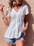 Button Front Eyelet Flutter Sleeve Tiered Blouse - Trendsi - Flyclothing LLC