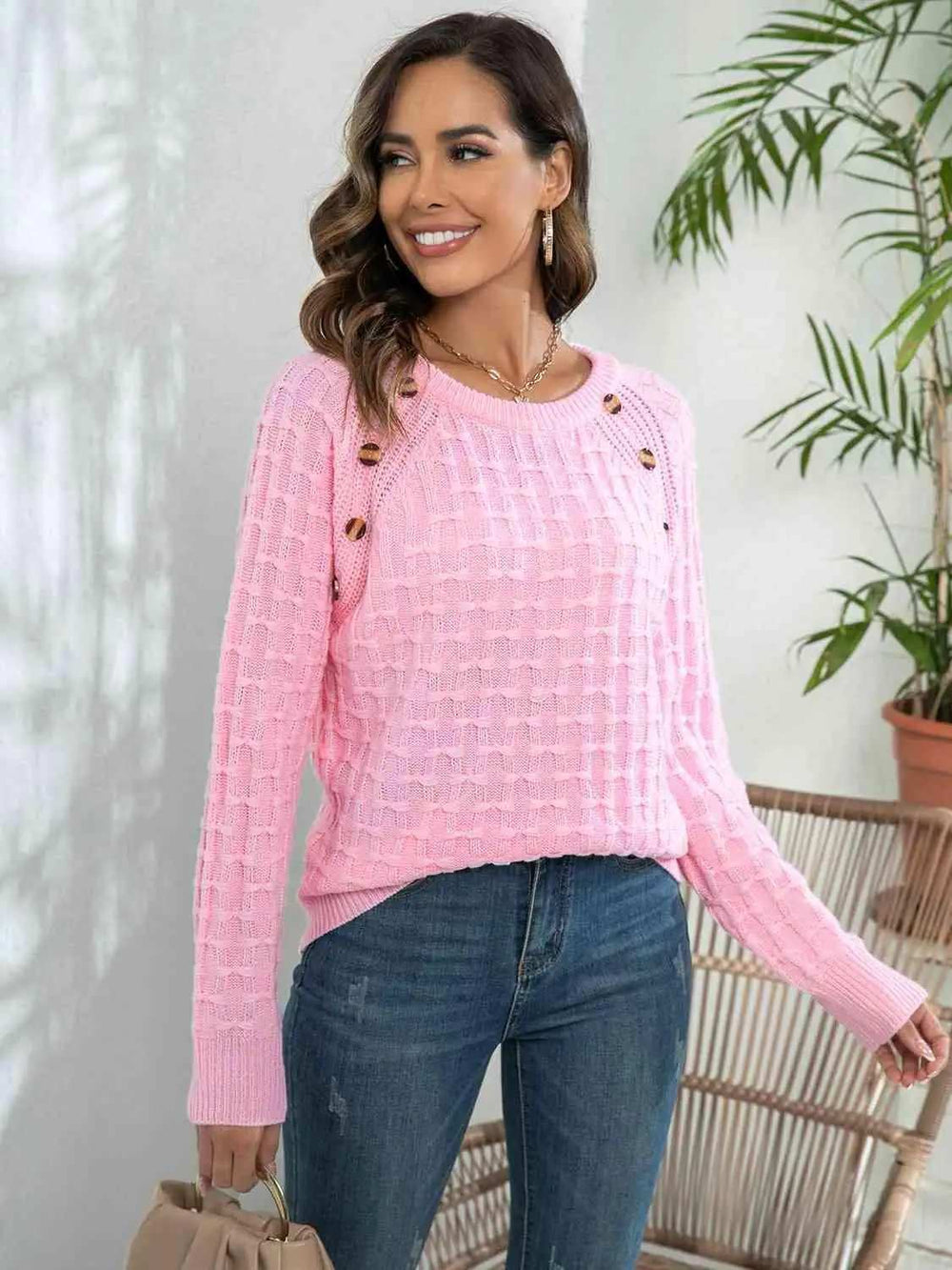 Decorative Button Long Sleeve Sweater - Trendsi - Flyclothing LLC