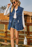 Sleeveless Button-Up Collared Denim Top with Pockets - Trendsi - Flyclothing LLC